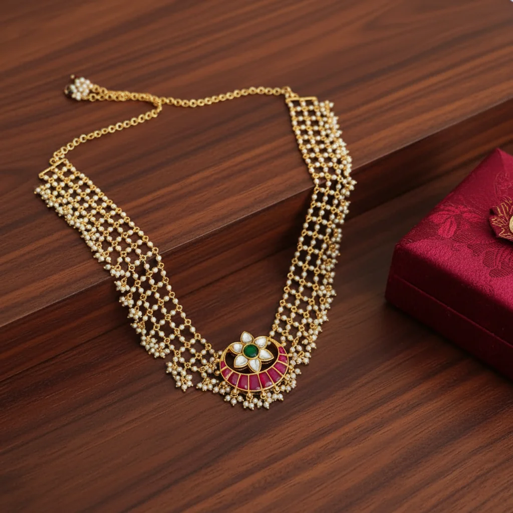 Traditional Pearl Mesh Kundan Crescent Necklace
