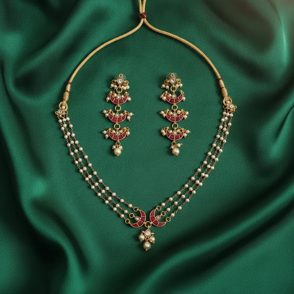 Ruby Crescent & Triple-Layered Pearl Set