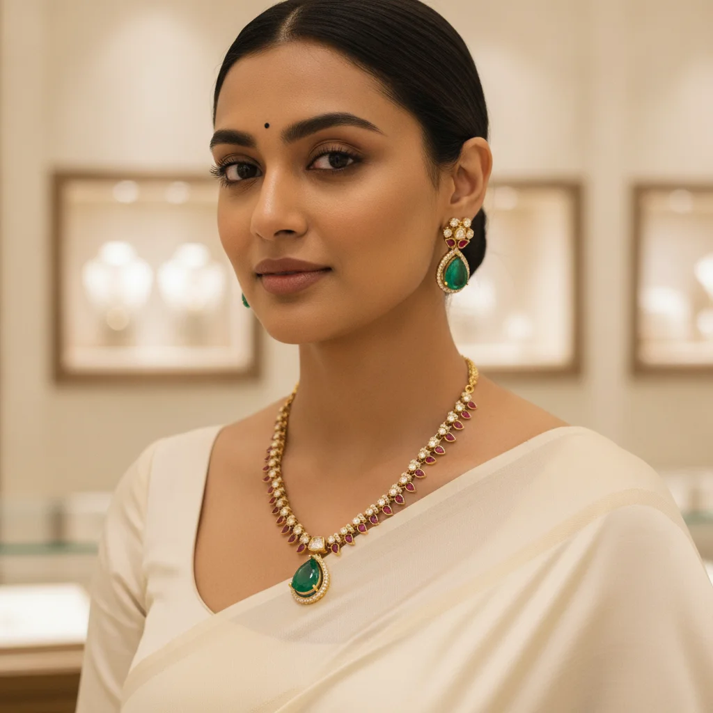 Emerald & Ruby Kundan Teardrop Necklace Set