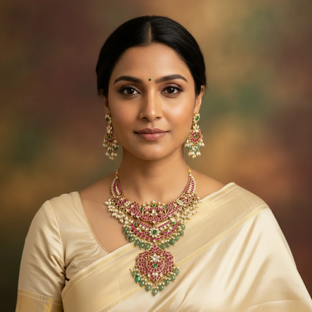 Regal Magenta & Emerald Kundan Necklace Set