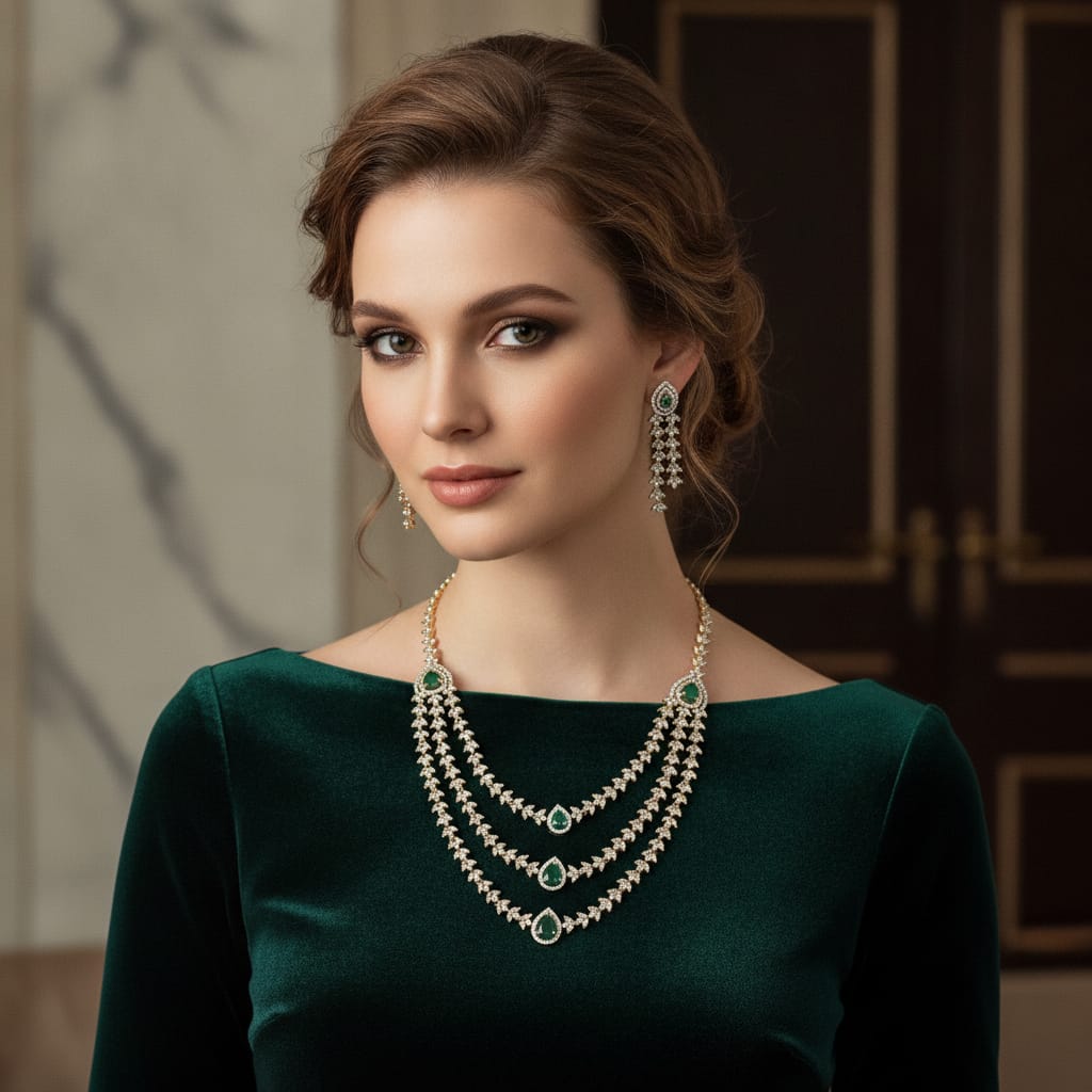 Emerald Grandeur Triple Layer Necklace Set