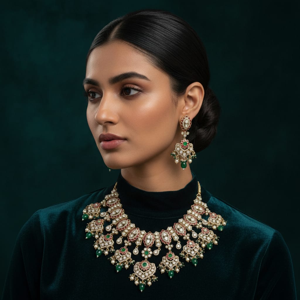 Maharani Kundan & Emerald Heritage Necklace Set