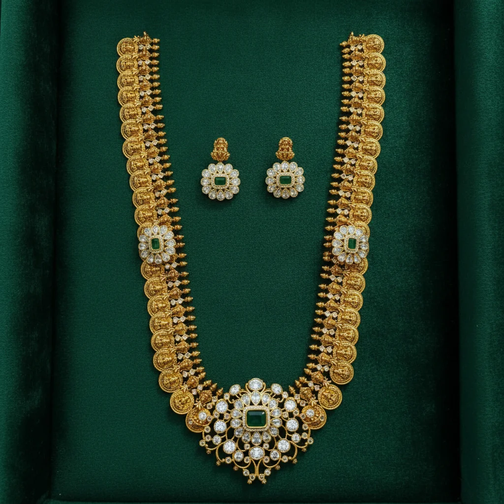 Lakshmi Kasu Emerald Polki Temple Haar Set