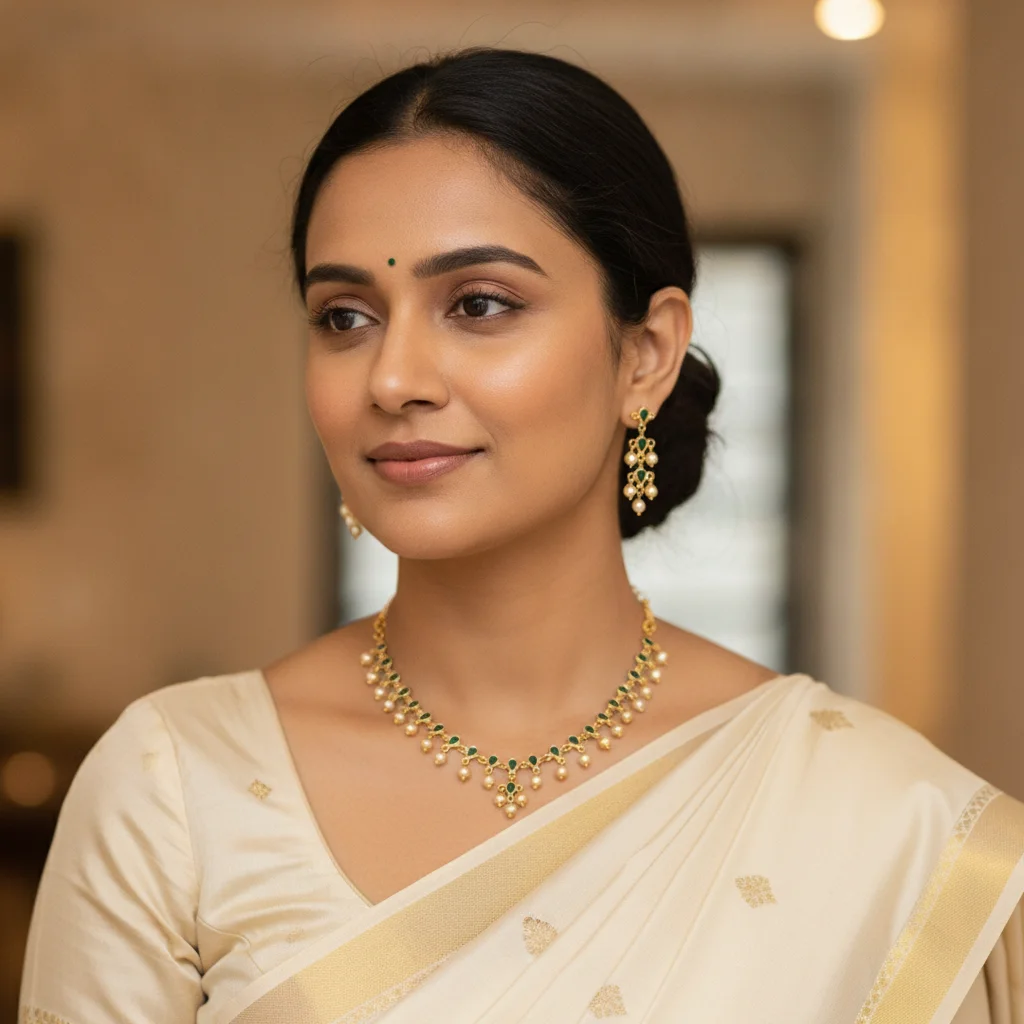 Emerald & Pearl Antique Gold Necklace Set